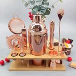URbazaar 11 Pcs Cocktail Shaker Set with Bamboo Stand - Perfect Home Bartending Kit and Martini Cocktail Shaker Set For an Awesome Drink Mixing Experience(Rose-Gold)