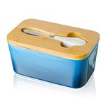 Candiicap Porcelain Butter Dish with Knife & Wooden Lid, Airtight Butter Keeper for Countertop, Large Butter Holder for All Types of Butter(Navy Blue)