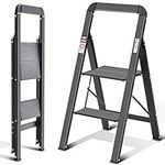 KINGRACK 2 Step Ladder, Aluminium Lightweight Folding Step Stool with Utility Handle, Non-Slip 2 Steps, Wide Platform, Folding Safety, for Your Kitchen, Pantry, Closets, Home Office, Indoor, Black