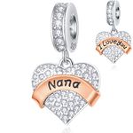 I Love You Nana/Nan Heart Pendant Charms, fits Pandora Mother's Day Bracelet, 925 Sterling Silver Nonna/Nanny Dangle Sparkle CZ Beads with Rose Gold Banner, Gift for Grandmother