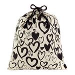 Hallmark 19" Large Canvas Bag with Drawstring (Ivory with Black Hearts) for Weddings, Bridal Showers, Anniversary and More