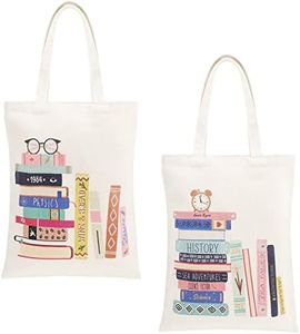 Oudain 2 Pcs Book Tote Bags, Canvas Library Book Bags, Aesthetic Reusable Cute Portable Gift Bag for Book Lovers, Washable Book School Shoulder Bag Grocery Shopping Bags for Girls Women, Main White,