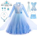 TOLOYE Princess Costume Dress for Girls, Elsa Dress up for Girls, Frozen Princess Dress with Crown Fairy Wand Necklace