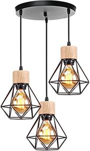 TOKIUS Suspension Luminaire Vintage Industrielle Lustre Abat-jour en Métal et Bois Ø160mm Plafonnier E27 avec Bois Rétro Pour Salon Cuisine Chambre (B-avec Base)