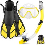 ZEEPORTE Mask Fin Snorkel Set with Adult Snorkeling Gear, Panoramic View Diving Mask, Trek Fin, Dry Top Snorkel +Travel Bags, Snorkel for Lap Swimming (Yellow, ML/XL)