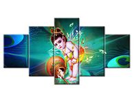 Canvas Wall Art Indian Wall Decoration for Living Room Krishna Home Decor Supreme God Bedroom Wall Decor 5 Pcs Artwork for Home Walls Room Decor Giclee Wooden Framed Ready to Hang (60''Wx32''H)