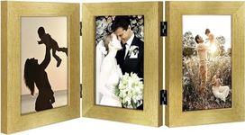 Golden State Art, 4x6 Three Picture Frame Trifold Hinged Photo Frame with 3 Openings, Desk Top Family Picture Collage, with Real Glass (4x6 Triple, Gold, 1-Pack)