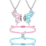 MJartoria BFF Necklace and Bracelets for 2-Butterfly Friendship Necklace Bracelet Best Friend Necklace Matching Necklace Bracelets For Girl, Stainless Steel, No Gemstone