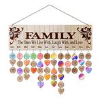 Family Birthday Wooden Calendar, Wall Hanging Calendar Board Anniversary Reminder Tracker, Plaque Sign with 100 PC Heart & Disc Shape Handmade Decoration for Mom Dad