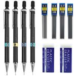 4Pcs Mechanical Pencil Set 0.3 0.5 0.7 0.9mm HB Mechanical Pencil Automatic Pencil Lead Pencil Architecture Propelling Pencil with Rubber Pencil Lead Refill for Artist School Drawing Writing Sketching