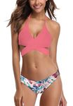 SHEKINI Womens Bathing Suits Push Up Halter Bandage Bikini Floral Printing Swim Bottoms Two Piece Swimsuits(Small, Watermelon Red)