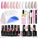 Beetles Gel Nail Polishes Starter Kit, 6 Colors Nail Salon Set with 48W Nail Lamp, Pink Valentines Decorations French White Glitter Pink Nude Gel Nail Polish with Base Top Coat Nail Manucure DIY