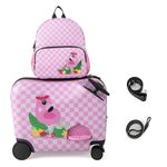 Goplus 2 PCS Kid Luggage Set, 18” Ride on Suitcase W/ Spinner Wheels, 12” Backpack Set W/ Anti-Lost Rope, Carry Strap, Sit on Rolling Carry on Luggage for Girls Boys Travel (Pink Flaming)