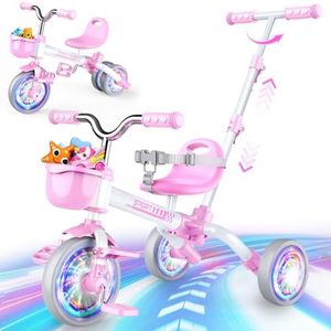 5-in-1 Balance Bike for 1-5 Years Old Girls, Toddler Tricycle with LED Wheels & Removable Pedals, Adjustable Push Handle & Seat, Seat belt & Basket, Outdoor Riding Toys Girls Birthday presents