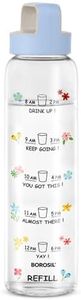 Borosil Neo Motivational Time Marker Glass Water Bottle with Blue Husk Lid | 1000 ml, Borosilicate Glass, Extreme Temperature Resistant, For Hot & Cold | Bottle for Milk, Lassi, Juice | AM PM Bottle