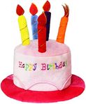 Novelty Place Pink Plush Happy Birthday Cake Hat - Unisex Adult Size Fancy Dress Party Hats - Perfect as Party Favors, Costume Accessories - Cake & 5 Multicolor Candles