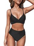 CUPSHE Women's Twist Front High Waisted Bikini Set V Neck Padded Two Pieces Bathing Suits Swimsuits Black M