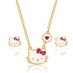 Hello Kitty Sanrio Jewelry Set - Flash Plated 18+3 Necklace and Stud Earrings Officially Licensed, Brass, not-applicable