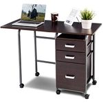 Tangkula Folding Computer Desk Wheeled Home Office Furniture with 3 Drawers Laptop Desk Writing Table Portable Dorm Apartment Space Saving Compact Desk for Small Spaces