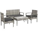 Outsunny 4 PCs PE Rattan Patio Furniture with Loveseat Sofa, Armchairs, Glass Coffee Table, Outdoor Wicker Conversation Sofa Set with Cushions, for Backyard, Garden, Grey