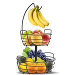 Mutool 2-Tier Fruit Racks, Fruit Basket with Banana Hanger, Metal Kitchen Countertop Fruit Vegetables Bowls, Perfect for Holding Fruit, Vegetables, Eggs, Snacks (Black)