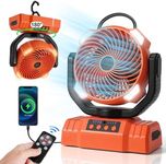 Odoland Portable Camping Fan with LED Light, 30000mAh Rechargeable Battery Operated Oscillating Fan with Remote & Hook, Outdoor Tent Fan with Timer, 4 Speeds for Power Outage Travel Jobsite, Orange