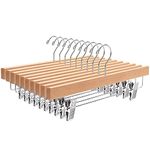 Amber Home 35.5cm Natural Wooden Pants Hangers 10pcs, Smooth Wood Skirt Hanger Organizer with Adjustable Anti-Slip Clips, Space Saving Solid Clothes Hangers Rack for Bottoms Jeans Slacks Trousers