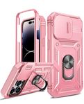 LeYi for iPhone 15 Pro Max Case with Camera Cover Slider(Not include Screen Protector), Front Frame+Back Case, Full Body Armour Military Grade Shockproof Phone Cover | Ring Stand Holder Pink