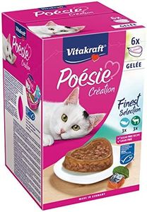 Vitakraft Poésie Création - Repas en gelée pour chat adulte - Assortiment de viande et poisson labellisé MSC : saumon et gibier - Recette sans céréales ni sucre ajouté (6 x 85g)