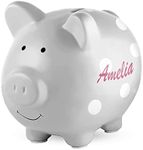 Custom Ceramic Piggy Banks for Kids | Perfect Sized Cute Coin Saving Pot with Rubber Holders | Personalized Name Pig Money Box for Girls and Boys - Grey