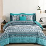 Boho Queen Comforter Set 8 Pieces, Teal Comforter Bohemian Striped Bed in A Bag,Soft Microfiber Bedding Set for All Seasons