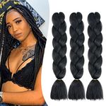 24" Braiding Hair Extension Jumbo Braids Synthetic 3bundles/pack Kanekalon Crochet Hair Afro Box Braid Heat Resistent (Black)