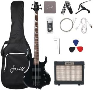 Fojill Full Size 4 Four String Electric Bass Guitar 10W Battery Power Bluetooth Amplifier Amp Beginner Starter Kit Set Combo Bundle Package Accessory Bag,Picks,Capo,Cable,Strings(Black)