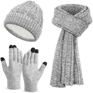 Omisy Stocking Stuffers for Adult Women - Unisex Winter Clothes Set with Beanie Hat Touchscreen Gloves Long Neck Scarf, Christmas Gifts Mom Birthday Present Her Wife Sister- GREY