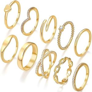 10 PCS Dainty 14K Gold Rings for Women, Open Twist Simulated Diamond Criss Cross Designs, Perfect for Stacking Layering on Thumb and Knuckle Engagement Rings in Sizes 8