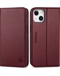 SHIELDON Wallet Case for iPhone 13, Genuine Leather Flip Magnetic Case [Card Slots][RFID Blocking][Shockproof TPU Shell][Kickstand] Folio Cover Compatible with iPhone 13 6.1" 5G 2021, Wine Red