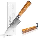 FUJUNI Chef Knife, 6 inch Damascus Knife 67-Layer Damascus VG10 Steel- Olive Wood Handle - Razor Sharp Kitchen Knife with Gift Box