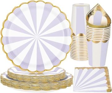 PARTY GO Set di stoviglie per feste, 96 pezzi, motivo a righe, viola e bianco, motivo circo, per compleanno, accessori per feste (24 ospiti), MXT01