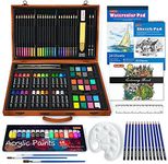 Shuttle Art 118 Piece Deluxe Art Set, Art Supplies in Wooden Case, Painting Drawing Art Kit with Acrylic Paint Pencils Oil Pastels Watercolor Cakes Coloring Book Watercolor Sketch Pad for Kids Adults