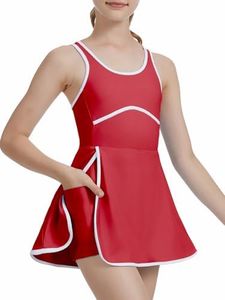 CharmWM Girls Sleeveless Tennis Dress Outfits Kids Side Silt Golf Sport Dresses with Build-in Shorts & Detachable Bra Red