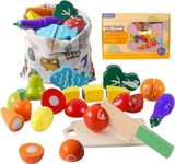 HVDHYY Wooden Play Food for Children Cutting Fruits and Vegetables Game Set Toy Foods Kitchen Pretend Role Play Toys for Kids Children's Birthday Educational Toys Set with a Storage bag 2+Years Old