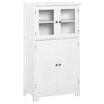 kleankin Bathroom Floor Storage Cabinet with Tempered Glass Doors and Adjustable Shelf, Kitchen Cupboard, Free Standing Organizer for Living Room Entryway, White