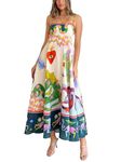 Women Floral Spaghetti Strap Maxi Dress Sleeveless Graffiti Print Boho Flowy Long Dress Beach A-line Sun Cami Dress (A-Heart, XL)