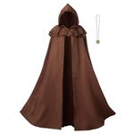 Regenboog Renaissance Hooded Cloak for Women Men,Adult Medieval Cape,Brown Vintage Viking Cloak with Viking Sword Necklace,L