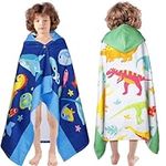 VitalCozy 2 Pcs Large Kids Hooded Towels 30 x 50 Kids Bath Towels with Hood for Boys Girls Ages 3-10 Soft Absorbent Kids Pool Beach Towel Kid Wrap Bathrobe for Toddler (Dinosaur Ocean)