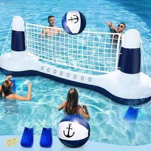 Large Inflatable Pool Games Volleyball Net Pool Floats Set with 9" Anchor Ball, 2 Weight Bags & Yacht Design – Floating Swimming Game Toy for Adults, Perfect for Summer Water Sport Pool Party