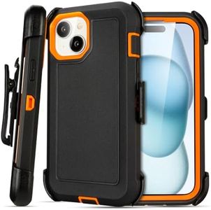 Yowtrey for iPhone 16 Plus Case with Clip Belt Holster, Heavy Duty Military Grade Drop Case for iPhone 16 Plus Cover 6.7"(Black+Orange)