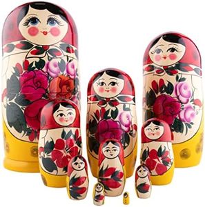 Russian Nesting Dolls, 10 Traditional Matryoshka Classic Semyonov Red Style | Wooden Doll Gift, Hand Made in Russia | Semyonov Red, 10 Piece, 9.85 inches