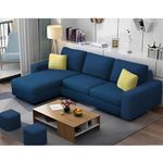 Casaliving Rolando LHS 4 Seater L Shape Sofa with 2 Puffy Set for Living Room | Colour - Blue | Premium Fabric Sofa