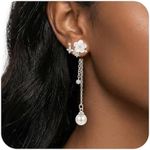 PEALICIOUS Flower Pearl Drop Earrings for Women, Silver Wedding Earrings for Brides 7.5mm Pearl Floral Rhinestone Earings as Bride Guest Accessories Bridesmaid Gift, Dainty Silver Prom Summer Jewelry